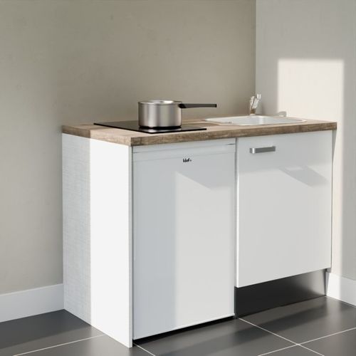Kitchenette K08l-pt - 120 Cm-façade Blanc-plan Bois-evier Inox-crédences Non+electro Blanc