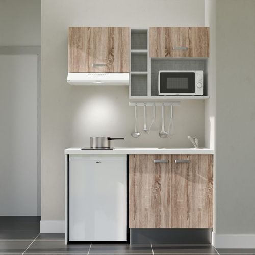 Kitchenette K13l-pt - 140 Cm-façade Bois-plan Blanc-evier Inox-crédences Non+electro Blanc