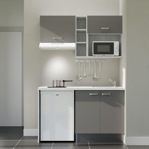 Kitchenette K13l-pt - 140 Cm-façade Gris-plan Blanc-evier Inox-crédences Non+electro Blanc