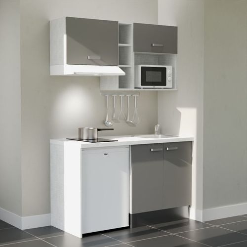 Kitchenette K13l-pt - 140 Cm-façade Gris-plan Blanc-evier Inox-crédences Non+electro Blanc