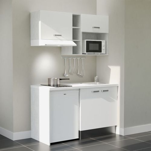 Kitchenette K13l-pt - 140 Cm-façade Blanc-plan Blanc-evier Inox-crédences Non+electro Blanc