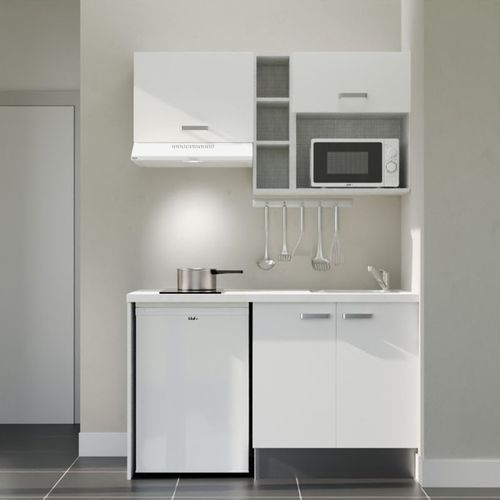 Kitchenette K13l-pt - 140 Cm-façade Blanc-plan Blanc-evier Inox-crédences Non+electro Blanc