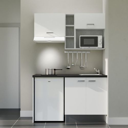 Kitchenette K13l-pt - 140 Cm-façade Blanc-plan Noir Texturé-evier Inox-crédences Non+electro Blanc