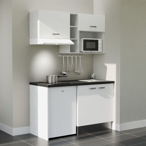 Kitchenette K13l-pt - 140 Cm-façade Blanc-plan Noir Texturé-evier Inox-crédences Non+electro Blanc