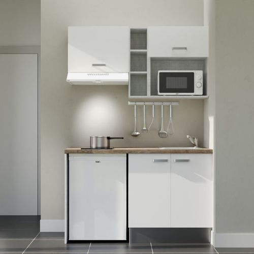 Kitchenette K13l-pt - 140 Cm-façade Blanc-plan Bois-evier Inox-crédences Non+electro Blanc