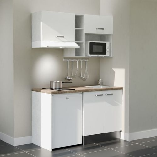 Kitchenette K13l-pt - 140 Cm-façade Blanc-plan Bois-evier Inox-crédences Non+electro Blanc