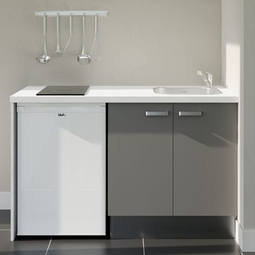 Kitchenette K17l-pt - 140 Cm-façade Gris-plan Blanc-evier Inox-crédences Non+electro Blanc