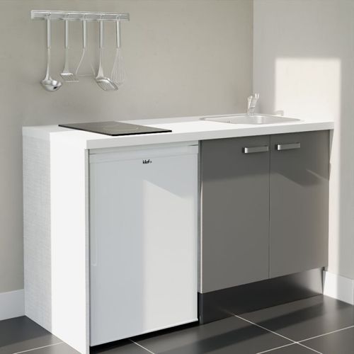 Kitchenette K17l-pt - 140 Cm-façade Gris-plan Blanc-evier Inox-crédences Non+electro Blanc