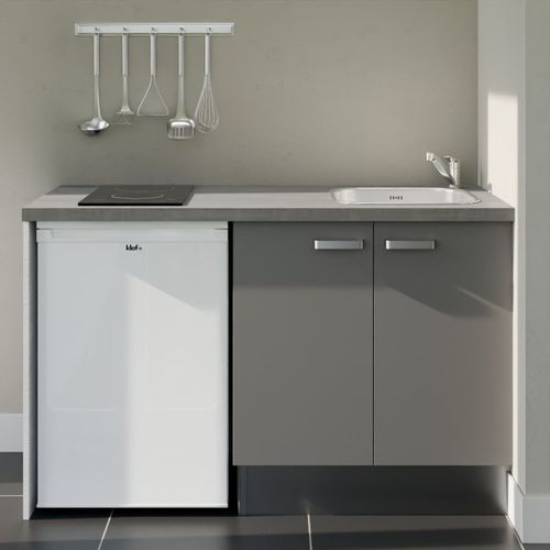 Kitchenette K17l-pt - 140 Cm-façade Gris-plan Gris Béton-evier Inox-crédences Non+electro Blanc