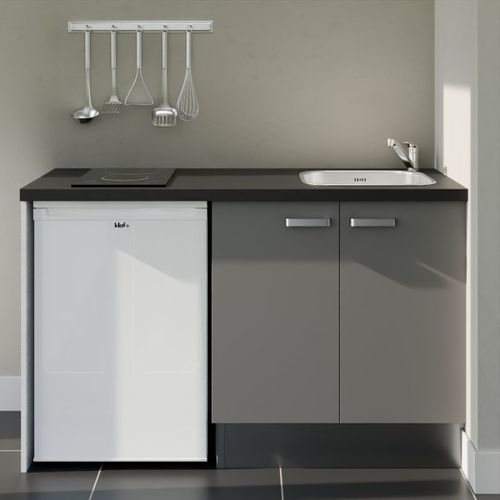 Kitchenette K17l-pt - 140 Cm-façade Gris-plan Noir Texturé-evier Inox-crédences Non+electro Blanc