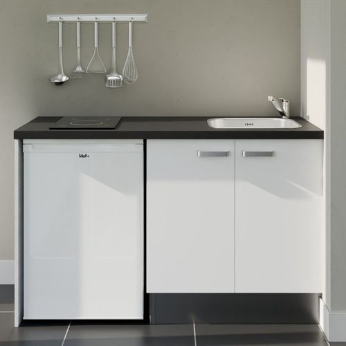 Kitchenette K17l-pt - 140 Cm-façade Blanc-plan Noir Texturé-evier Inox-crédences Non+electro Blanc