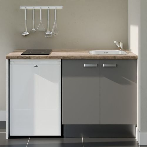 Kitchenette K17l-pt - 140 Cm-façade Gris-plan Bois-evier Inox-crédences Non+electro Blanc
