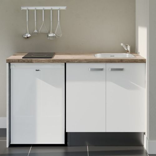 Kitchenette K17l-pt - 140 Cm-façade Blanc-plan Bois-evier Inox-crédences Non+electro Blanc