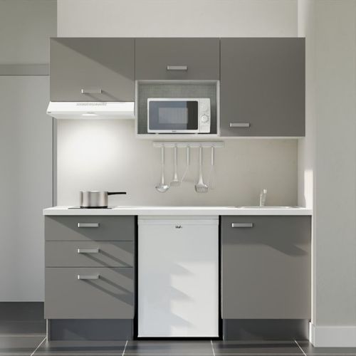 Kitchenette K20l-pt - 180 Cm-façade Gris-plan Blanc-evier Inox-crédences Non+electro Blanc