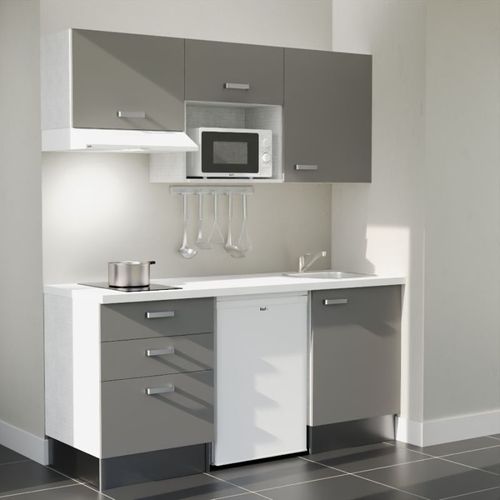 Kitchenette K20l-pt - 180 Cm-façade Gris-plan Blanc-evier Inox-crédences Non+electro Blanc