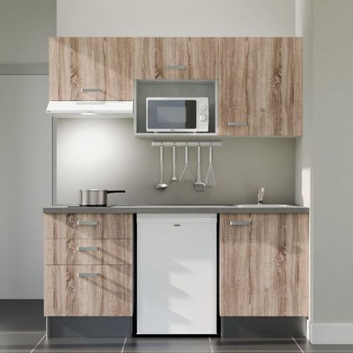 Kitchenette K20l-pt - 180 Cm-façade Bois-plan Gris Béton-evier Inox-crédences Non+electro Blanc