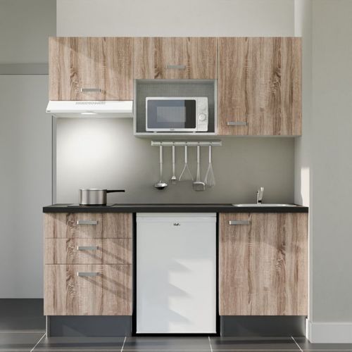 Kitchenette K20l-pt - 180 Cm-façade Bois-plan Noir Texturé-evier Inox-crédences Non+electro Blanc