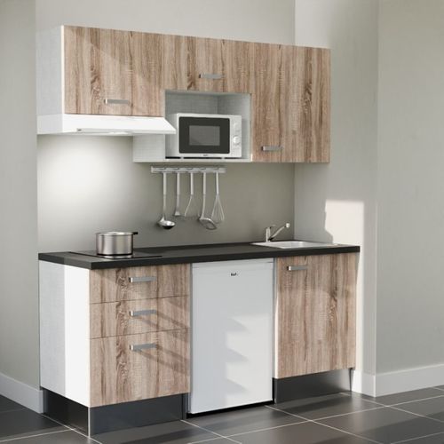 Kitchenette K20l-pt - 180 Cm-façade Bois-plan Noir Texturé-evier Inox-crédences Non+electro Blanc