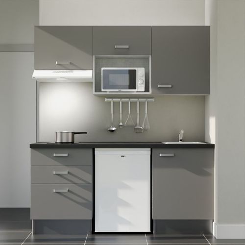 Kitchenette K20l-pt - 180 Cm-façade Gris-plan Noir Texturé-evier Inox-crédences Non+electro Blanc