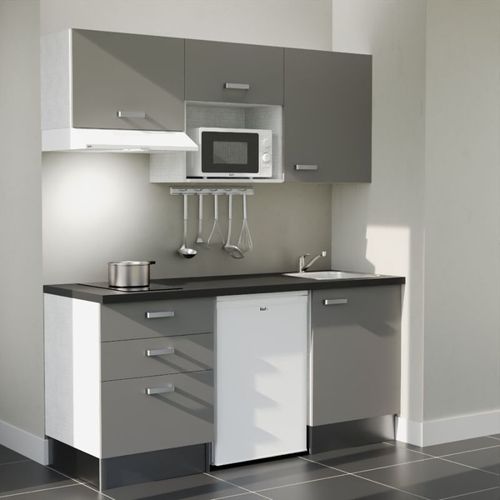Kitchenette K20l-pt - 180 Cm-façade Gris-plan Noir Texturé-evier Inox-crédences Non+electro Blanc