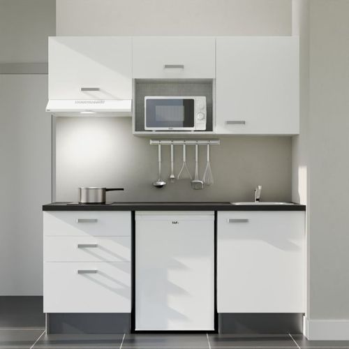 Kitchenette K20l-pt - 180 Cm-façade Blanc-plan Noir Texturé-evier Inox-crédences Non+electro Blanc