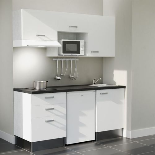 Kitchenette K20l-pt - 180 Cm-façade Blanc-plan Noir Texturé-evier Inox-crédences Non+electro Blanc