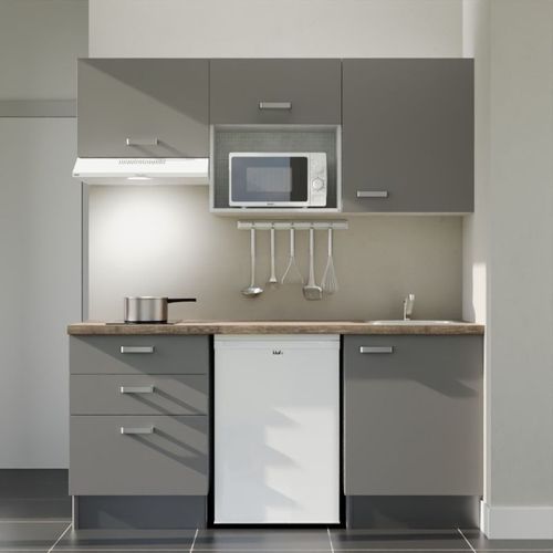 Kitchenette K20l-pt - 180 Cm-façade Gris-plan Bois-evier Inox-crédences Non+electro Blanc