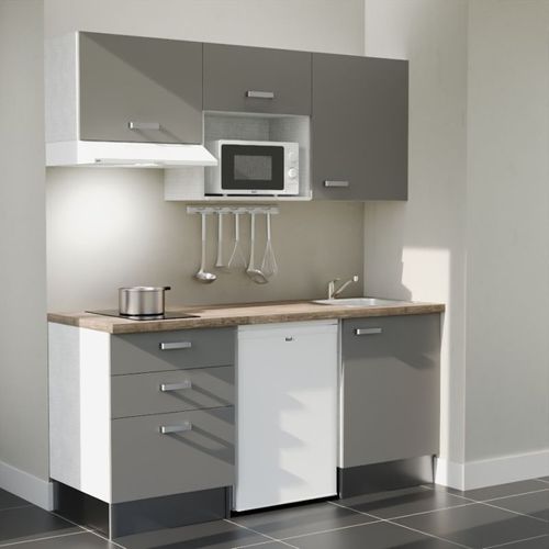 Kitchenette K20l-pt - 180 Cm-façade Gris-plan Bois-evier Inox-crédences Non+electro Blanc