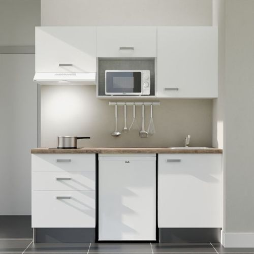 Kitchenette K20l-pt - 180 Cm-façade Blanc-plan Bois-evier Inox-crédences Non+electro Blanc