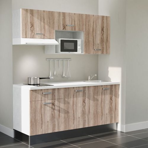 Kitchenette K30l-pt - 180 Cm-façade Bois-plan Blanc-evier Inox-crédences Non+electro Blanc