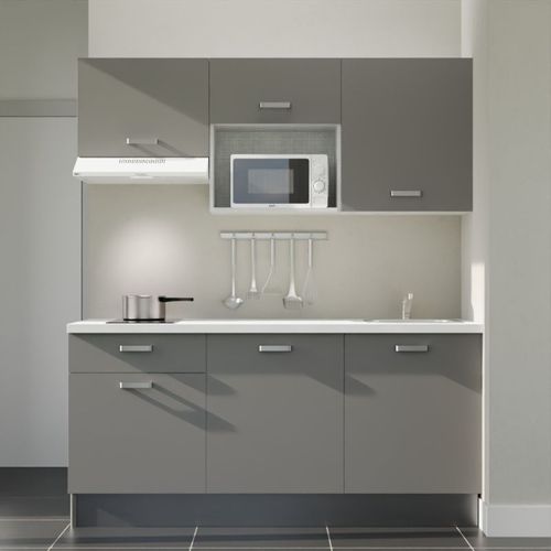 Kitchenette K30l-pt - 180 Cm-façade Gris-plan Blanc-evier Inox-crédences Non+electro Blanc