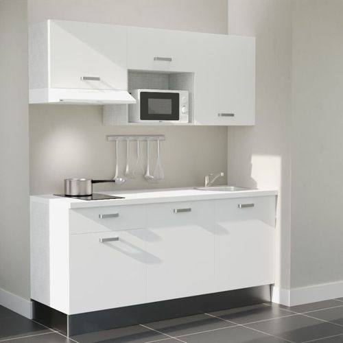 Kitchenette K30l-pt - 180 Cm-façade Blanc-plan Blanc-evier Inox-crédences Non+electro Blanc