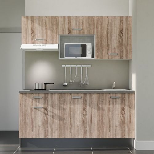 Kitchenette K30l-pt - 180 Cm-façade Bois-plan Gris Béton-evier Inox-crédences Non+electro Blanc