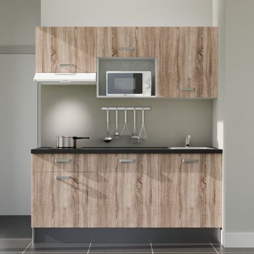 Kitchenette K30l-pt - 180 Cm-façade Bois-plan Noir Texturé-evier Inox-crédences Non+electro Blanc