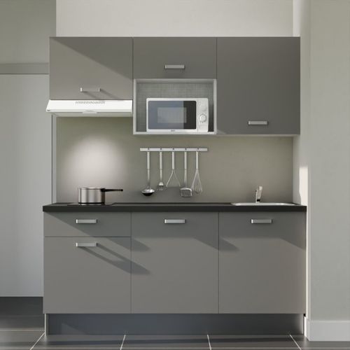 Kitchenette K30l-pt - 180 Cm-façade Gris-plan Noir Texturé-evier Inox-crédences Non+electro Blanc