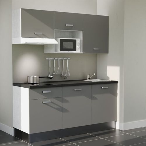Kitchenette K30l-pt - 180 Cm-façade Gris-plan Noir Texturé-evier Inox-crédences Non+electro Blanc