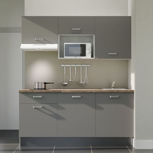 Kitchenette K30l-pt - 180 Cm-façade Gris-plan Bois-evier Inox-crédences Non+electro Blanc