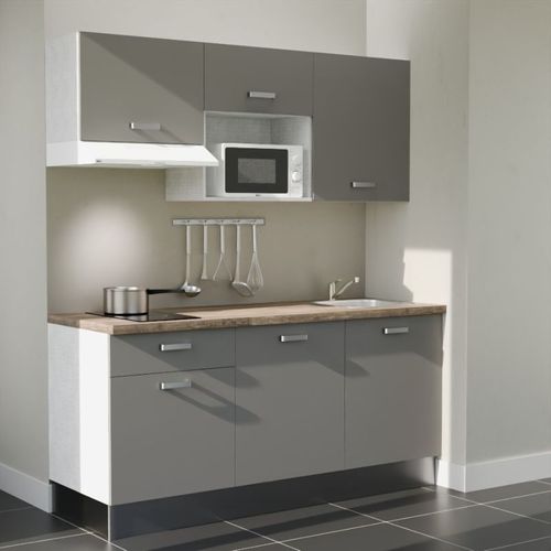 Kitchenette K30l-pt - 180 Cm-façade Gris-plan Bois-evier Inox-crédences Non+electro Blanc