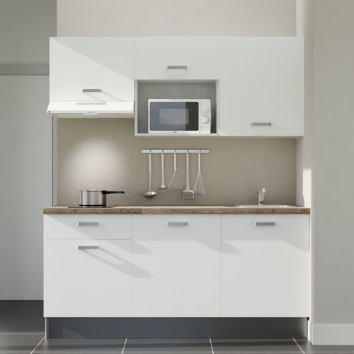 Kitchenette K30l-pt - 180 Cm-façade Blanc-plan Bois-evier Inox-crédences Non+electro Blanc