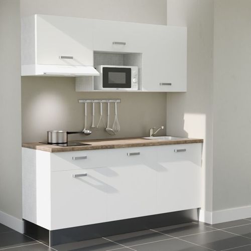 Kitchenette K30l-pt - 180 Cm-façade Blanc-plan Bois-evier Inox-crédences Non+electro Blanc