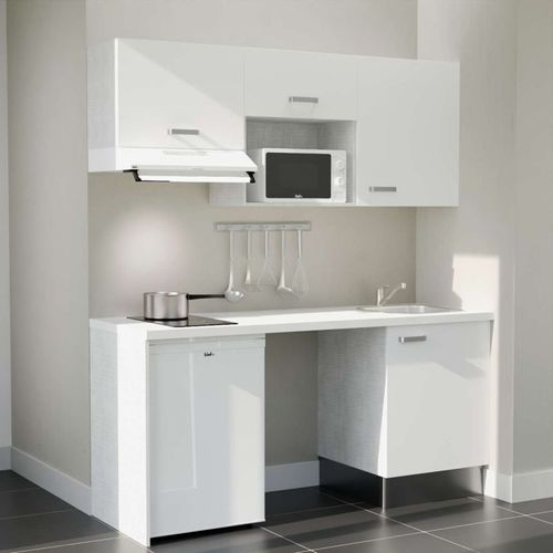 Kitchenette K55l-pt - 180 Cm-façade Blanc-plan Blanc-evier Inox-crédences Non+electro Blanc