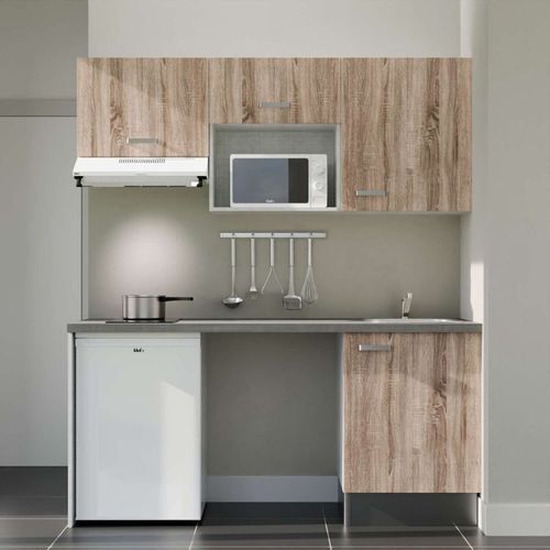 Kitchenette K55l-pt - 180 Cm-façade Bois-plan Gris Béton-evier Inox-crédences Non+electro Blanc