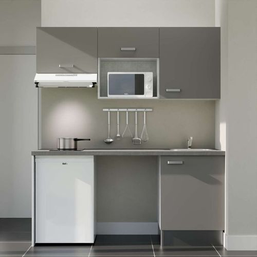 Kitchenette K55l-pt - 180 Cm-façade Gris-plan Gris Béton-evier Inox-crédences Non+electro Blanc