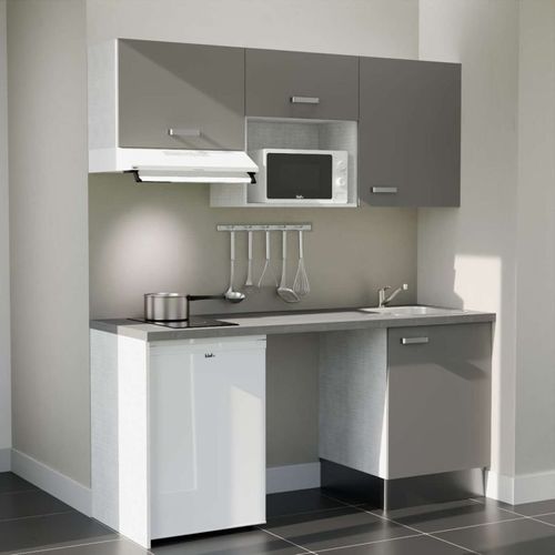 Kitchenette K55l-pt - 180 Cm-façade Gris-plan Gris Béton-evier Inox-crédences Non+electro Blanc