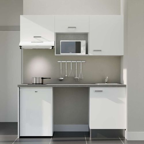 Kitchenette K55l-pt - 180 Cm-façade Blanc-plan Gris Béton-evier Inox-crédences Non+electro Blanc