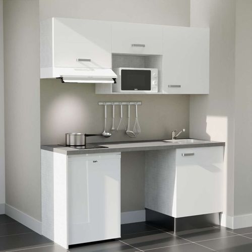 Kitchenette K55l-pt - 180 Cm-façade Blanc-plan Gris Béton-evier Inox-crédences Non+electro Blanc