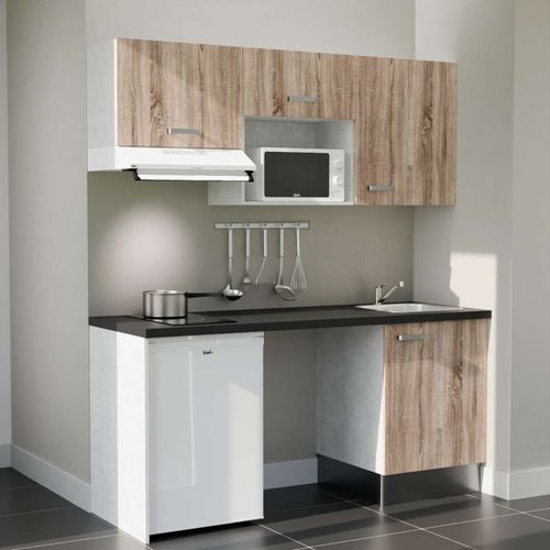 Kitchenette K55l-pt - 180 Cm-façade Bois-plan Noir Texturé-evier Inox-crédences Non+electro Blanc