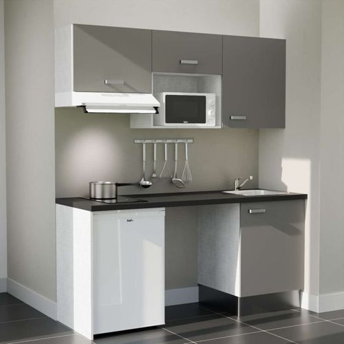 Kitchenette K55l-pt - 180 Cm-façade Gris-plan Noir Texturé-evier Inox-crédences Non+electro Blanc