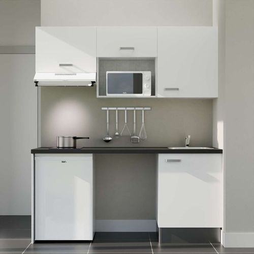 Kitchenette K55l-pt - 180 Cm-façade Blanc-plan Noir Texturé-evier Inox-crédences Non+electro Blanc