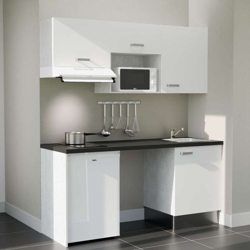 Kitchenette K55l-pt - 180 Cm-façade Blanc-plan Noir Texturé-evier Inox-crédences Non+electro Blanc